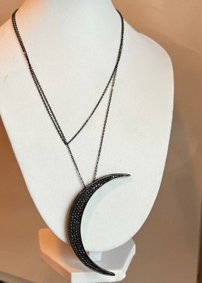 Lucky Star Jewels Crescent Moon Long Necklace 925 Dark Sterling Crystals 30  H1