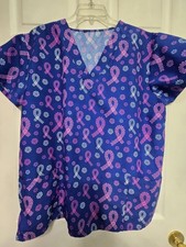 Cassandra O Scrub Top Size L-Blue/Pink CA Ribbon/Floral-Chest 23.5"/L 28.5"