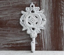 Decorative Ornate Cast Iron Wall Hook Distressed White Coat Towel Hanger VTG