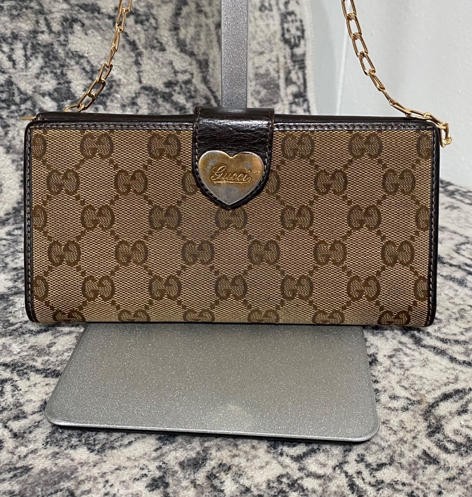 Gucci GG Coated Canvas Leather Continental Bifold Wallet in Tan Brown with Chain