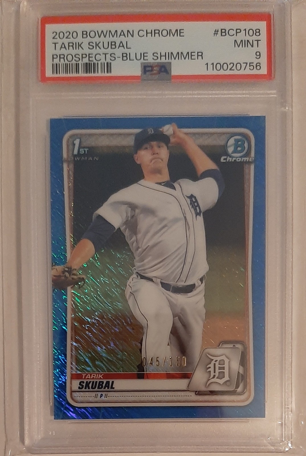 Tarik Skubal Blue Shimmer PSA 9 45/150 2020 Bowman Chrome RC