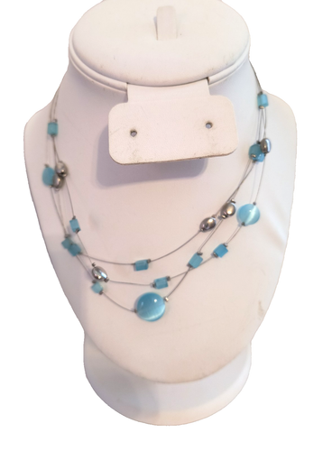 Lia Sophia Necklace Multistrand Wire Blue Beads Silvertone Spacers 16" Adj - Picture 5 of 15