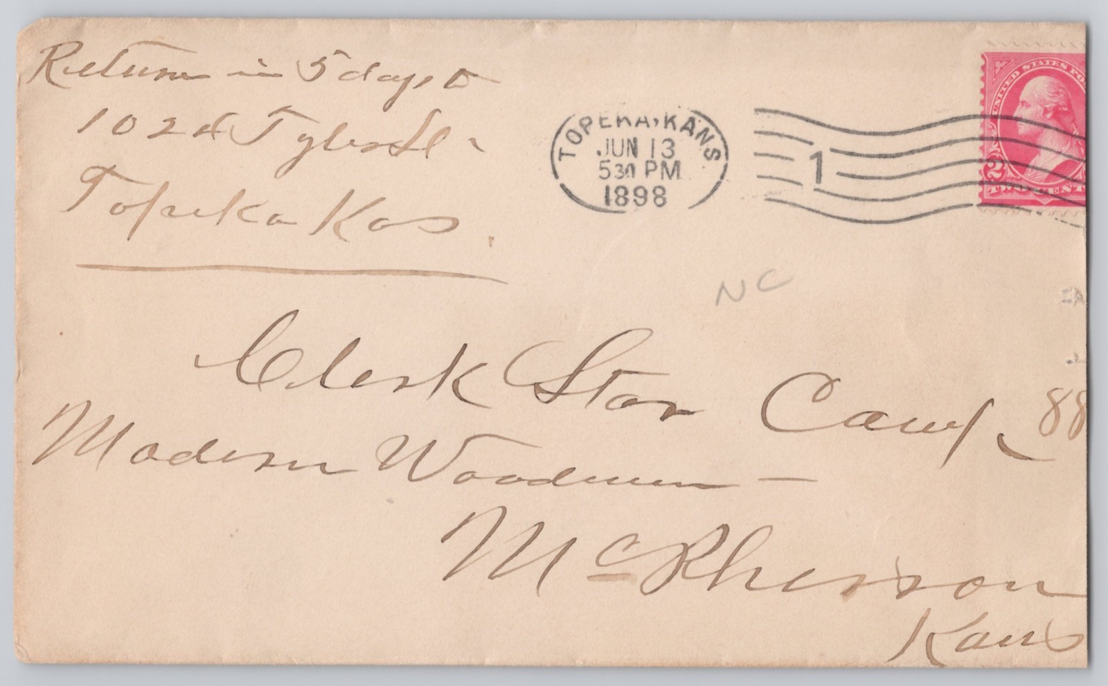 Henderson, Kansas 2c Washington cover with June cancel Un 1898