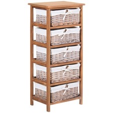 Image of 5 Drawer Dresser Wicker Basket Storage Shelf Unit Wooden Frame Home Organisation