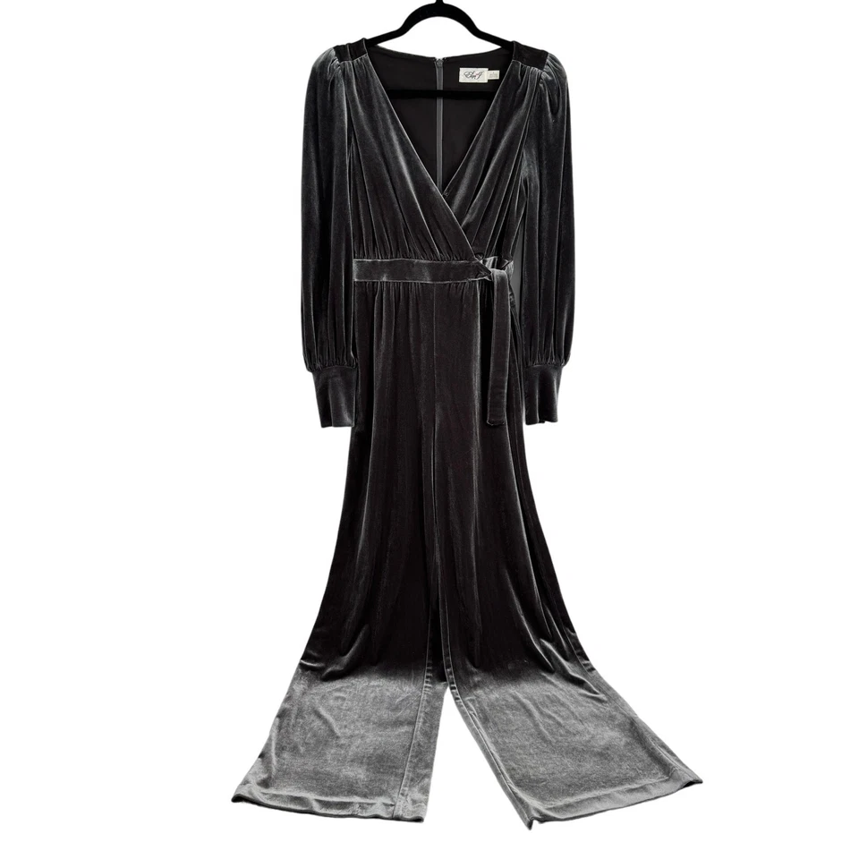 Eliza J Wrap Draped Look Long Sleeves V-neck Velvet Jumpsuit Gray Size 0 - Image 4 of 4