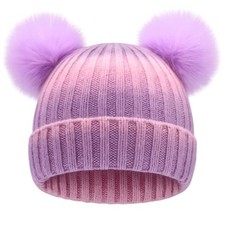 Kids Winter Hat, Double Pom Pom Beanie, Warm Knit Cap, Fits 7-12 Years, Girls