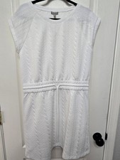 T by Talbots White Quilted Cable Knit Dress Med Drawstring Athleisure Costal 