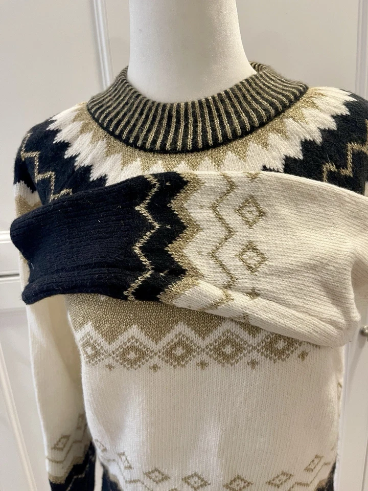 Suéter Pullover Para Mujer Ann Taylor Dorado Crema Negro Geométrico Manga Larga XSP Foto 3 de 4