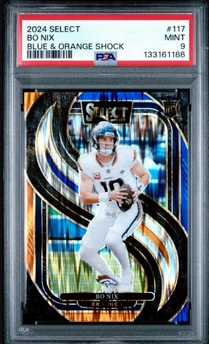 2024 Panini Select Premier Level Bo Nix #117 Blue Orange Shock Prizm /35 PSA 9