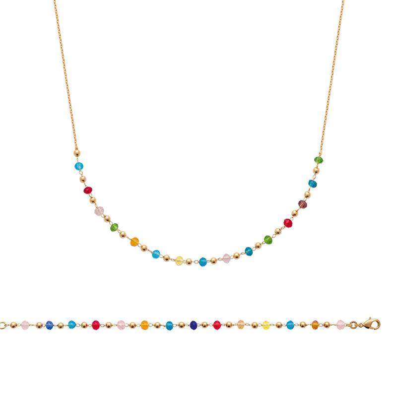 Collier perles de cristal multicolore et boules dorées, l'éclat du plaqué or 18 carats