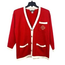 VTG Dana Scott Christmas Red Cardigan Sweater White Trim Snowflake Women Sz L