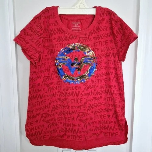 Girls Wonder Woman Red/Blue/Gold Sequin Logo Short Sleeve T-Shirt Sz M Costume - Picture 2 of 5