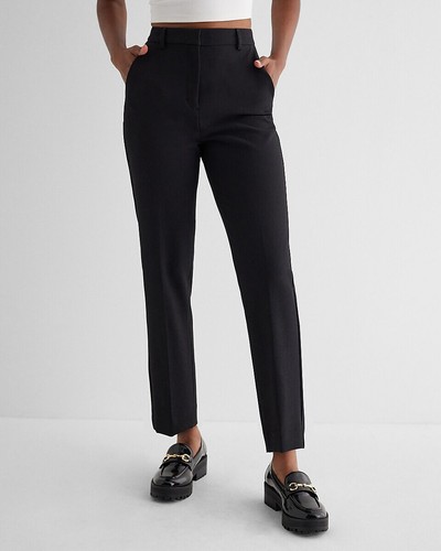 NEW EXPRESS $80 BLACK SUPER HIGH WAISTED EDITOR STRAIGHT ANKLE PANTS SZ 10 - Afbeelding 1 van 5
