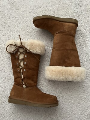 UGG BROWN ASPEN SHEEPSKIN LACE UP SIDE TALL WINTER BOOTS w/METAL PLATE LOGO SZ 7