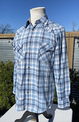 Rock 47 Men Button Up Plaid Long Sleeve Shirt Large Blue Pearl