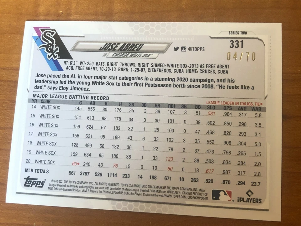 Jose Abreu 2021 Topps Series 2 Black Parallel Card #331 Serial #d /70 White Sox - Image 2 of 2