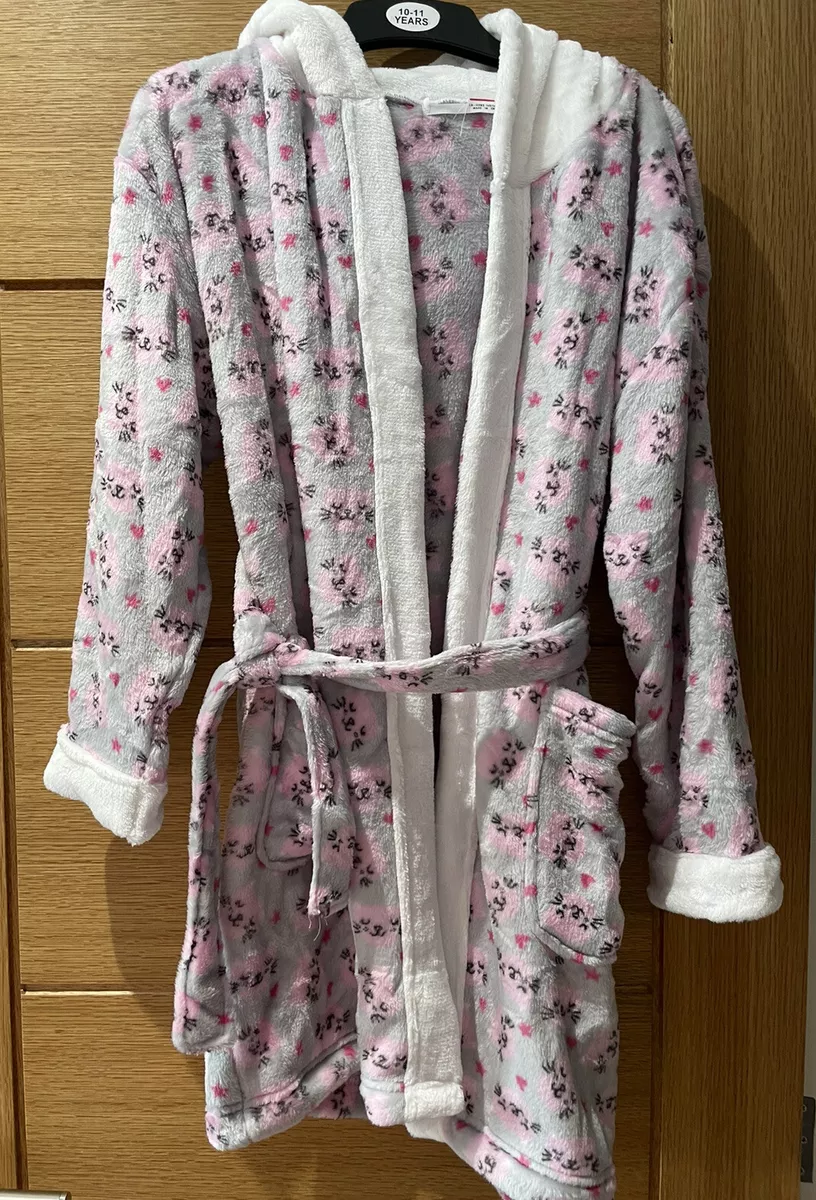 Girls Cat Print And Cat Embroidered Hooded Soft Fleece Dressing Gown Age  4/5 | eBay