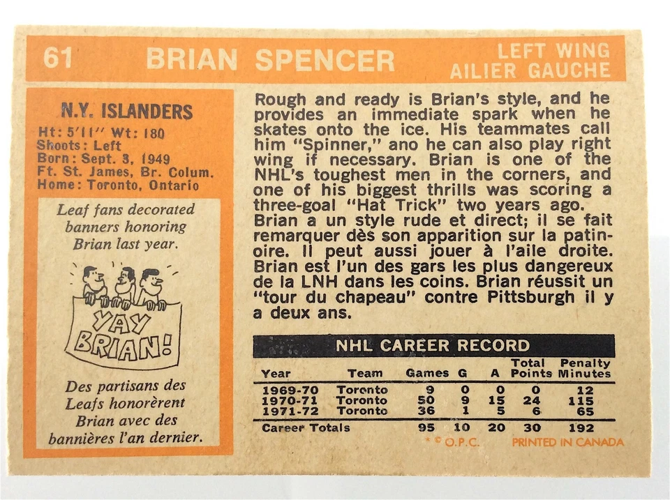 1972-73 Brian Spencer New York Islanders 61 OPC O-Pee-Chee Hockey Card N989 - Image 2 of 4