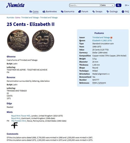 LOT #33; One (1) 1971 twenty-five Cents Coins from Trinidad and Tobago FINE - Bild 7 von 7