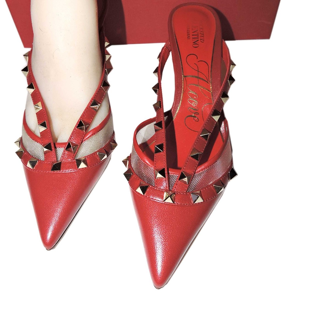 36.5 VALENTINO Sandals Red Leather Mules Rockstud Kitten Heels