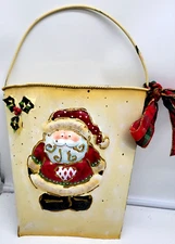 Wall Pocket Half Bucket Christmas Santa Distressed Metal Decorative 15" 2002