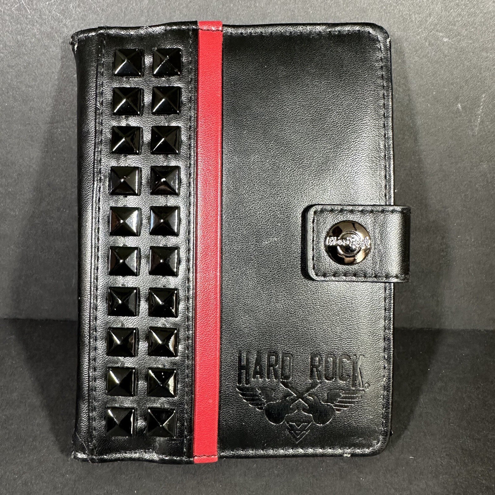Hard Rock Cafe Black Red Faux Leather Passport Holder with Guitar Studs USA Logo  -image