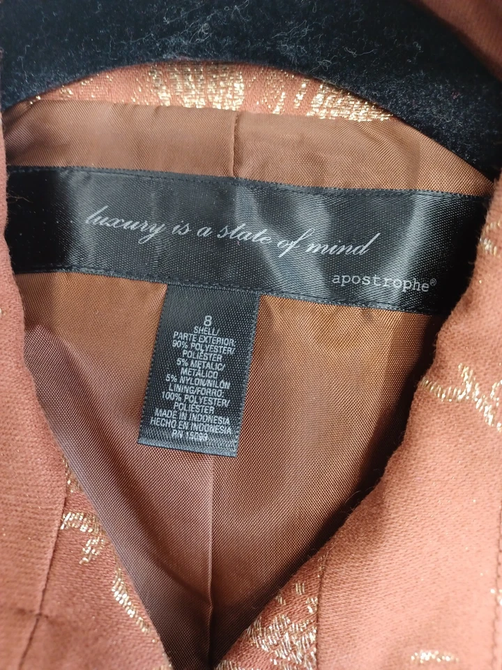 Apostrophe Blazer Womens 8 Brown/Gold Double Breasted Sparkle Flowers - Image 4 of 4