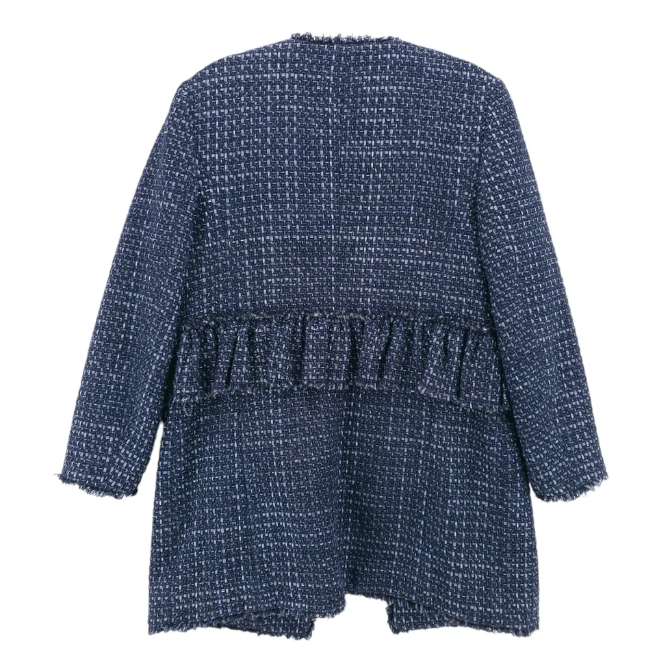 Abrigo Chaqueta ANN TAYLOR Tweed Volantes Azul Marino Metálico Plateado Carrera Talla PEQUEÑA Foto 2 de 4