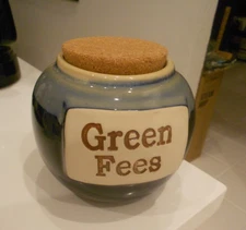 TUMBLEWEED POTTERY "GREEN FEES" JAR WITH CORK TOPPER 4" X 4 1/2"