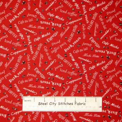 I Love Coffee Kitchen Words Fabric Cotton 372 Red Elizabeth's Studio By Yard