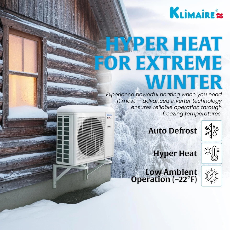 Klimaire HyperHeat 24000 BTU 22.3 SEER2 Ductless MiniSplit Inverter Heat Pump Ac - Image 2 of 4