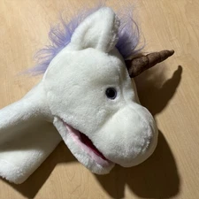 A&A - White Unicorn Plush Hand Puppet 12" - Purple Hair - AURORA FUZZY STUFFED