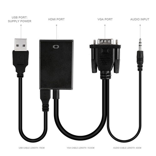 3 in 1 VGA to HDMI Adapter Cable Converter USB Audio Video 1080P UHD TV Monitor - Afbeelding 6 van 11