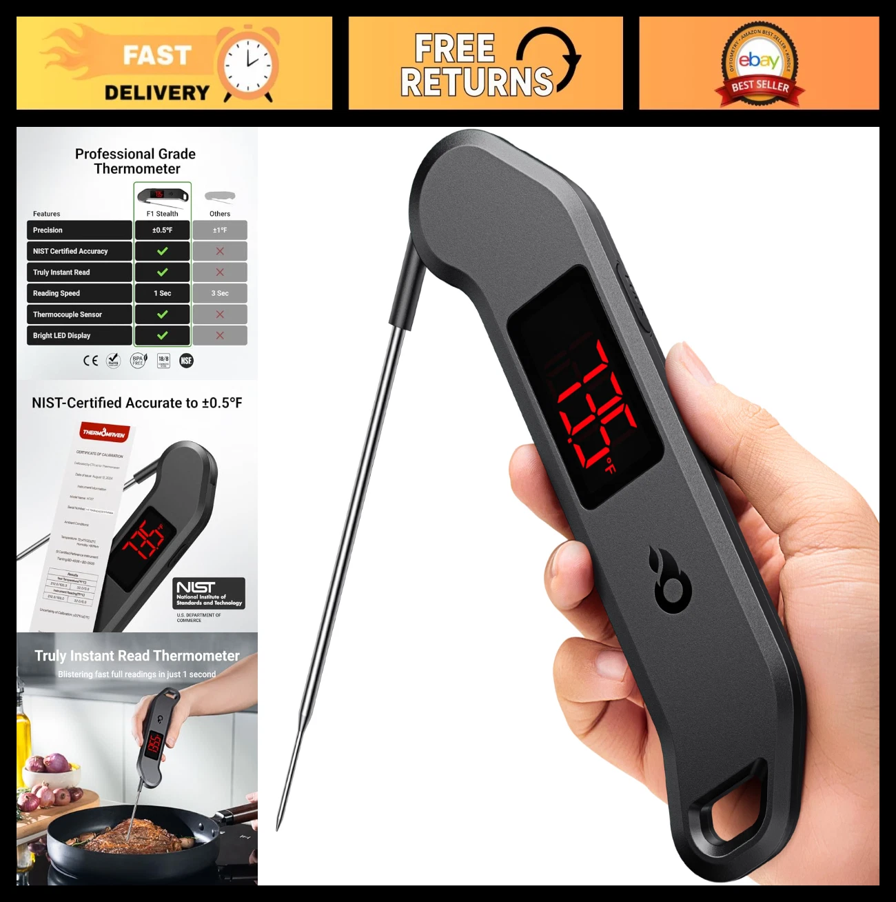 Instant Read Digital Meat Thermometer, ±0.5℉ Accuracy, Waterproof BBQ Cooking To