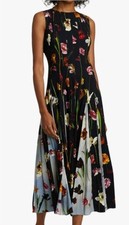 Oscar de la Renta Black Multicolor Floral Pleated Satin Midi Dress 14 Viscose