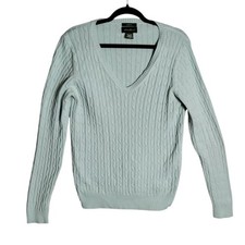 Eddie Bauer Womens V-Neck Cable Knit Sweater Mint Green Cotton Blend Stretch M