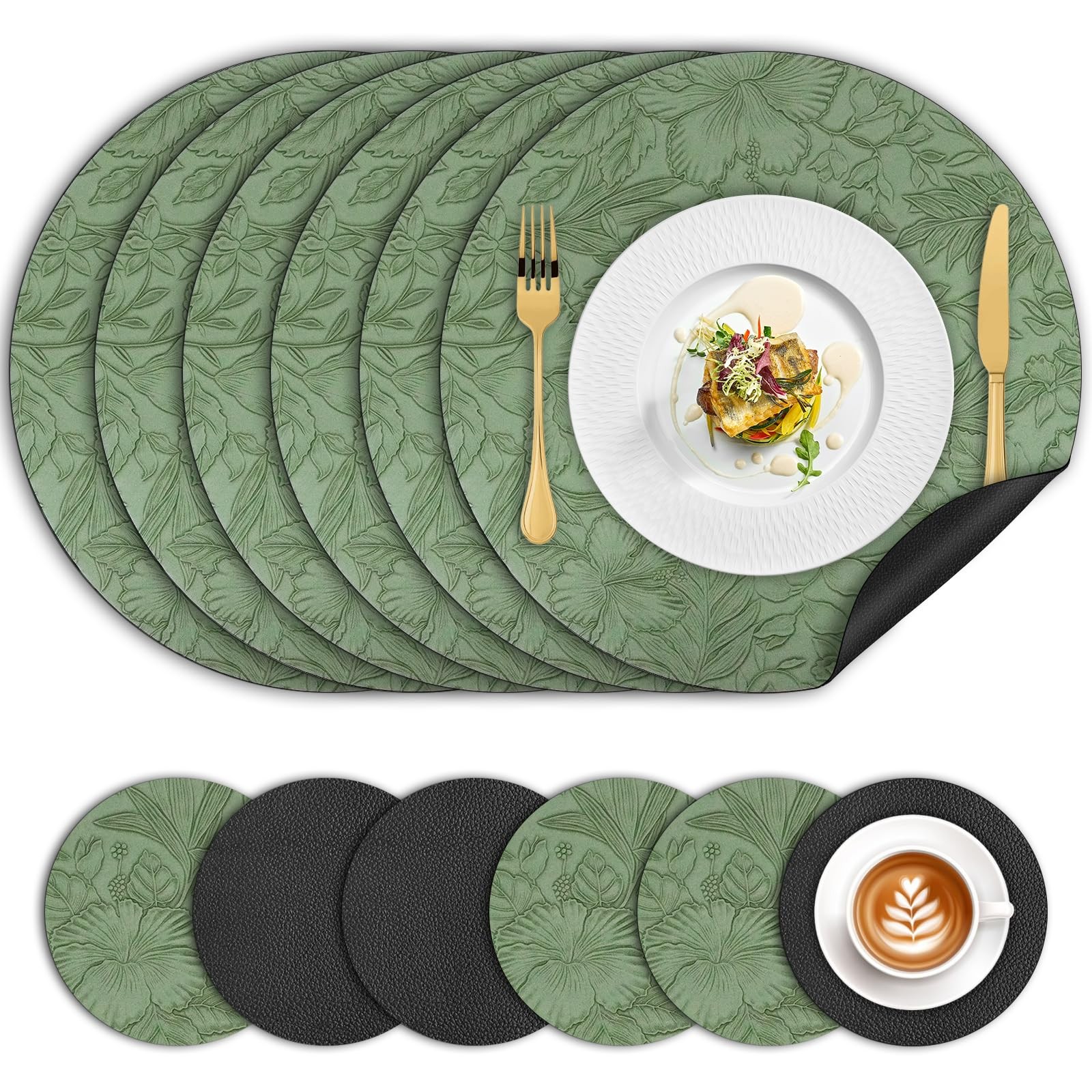 Placemats and Coaster Sets 6, Dual Sided PU Leather Place Mats(34cm) Heat Resist