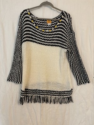 Crochet Black White Pattern Sweater Pullover Yellow Accents Ruby Red XL Sweater