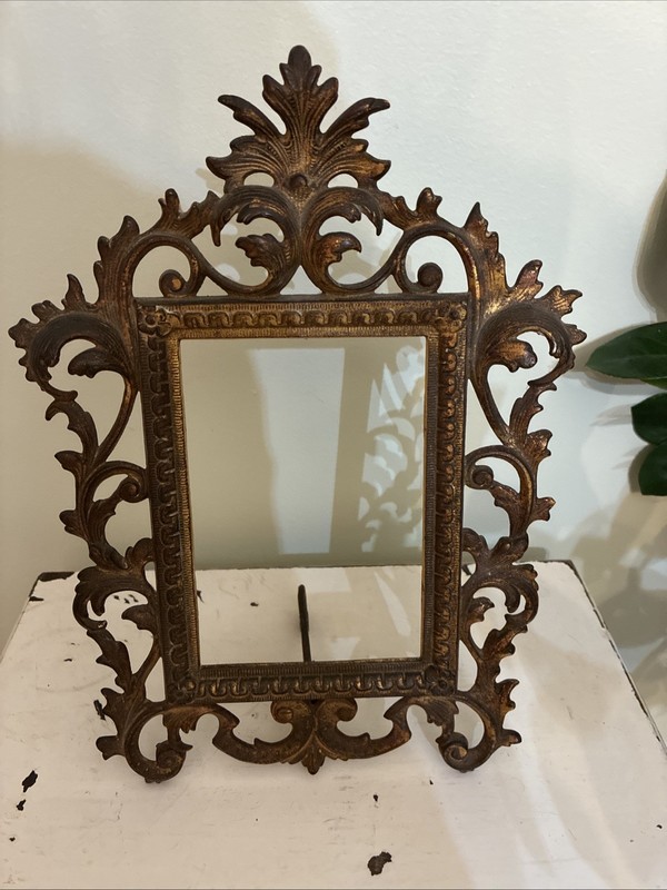 Antique Art Nouveau Victorian Gilt Metal Easel Stand Back Picture Frame
