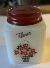 Vintage McKee Tipp City Short Milk Glass Flower Basket Flour Shaker Red Lid