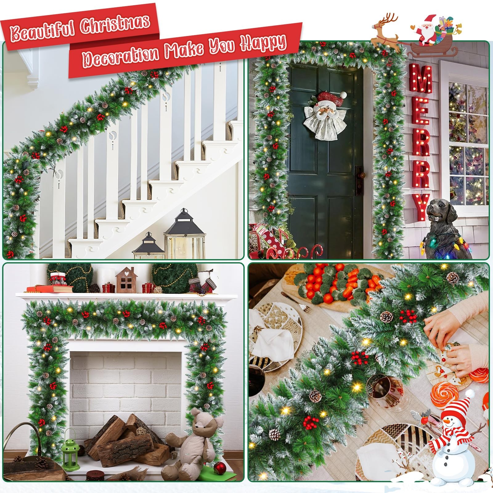 9FT Pre-Lit Christmas Garland with 30 LED Lights Pine Cones Red Berries Decor