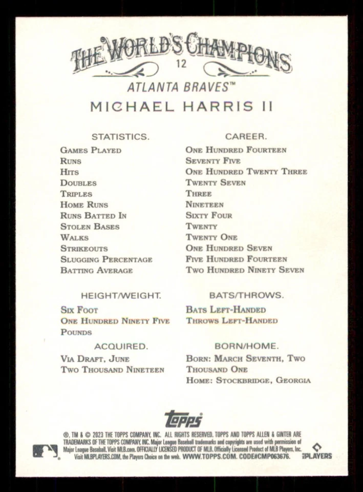 2023 Topps Allen and Ginter #12 Michael Harris II RC - Image 2 of 2