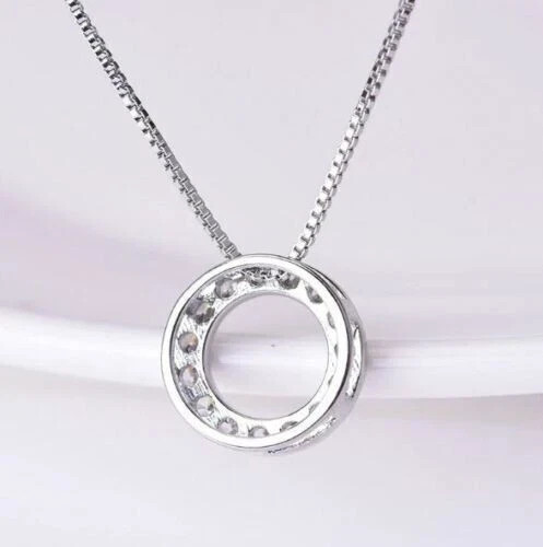 Women Birthday Gift 1Ct Round Lab Created Diamond Circle Pendant 18"Chain 925 SS - Picture 3 of 6