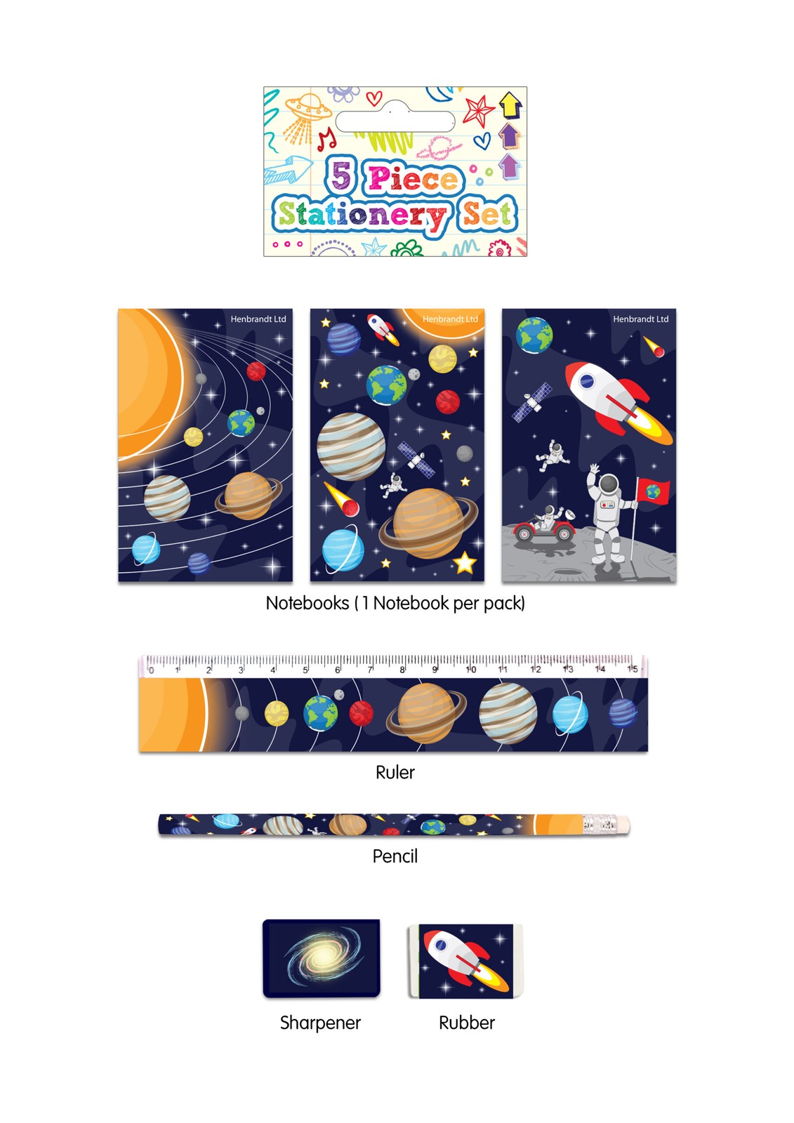 5 Piece Space Stationery Set - Party Favours Birthday Back to School Gifts