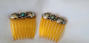 Two Vintage Navajo Sterling Silver Hair Combs with Turquoise Stones
