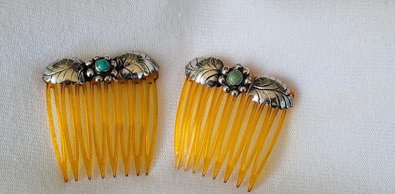 Two Vintage Navajo Sterling Silver Hair Combs with Turquoise Stones