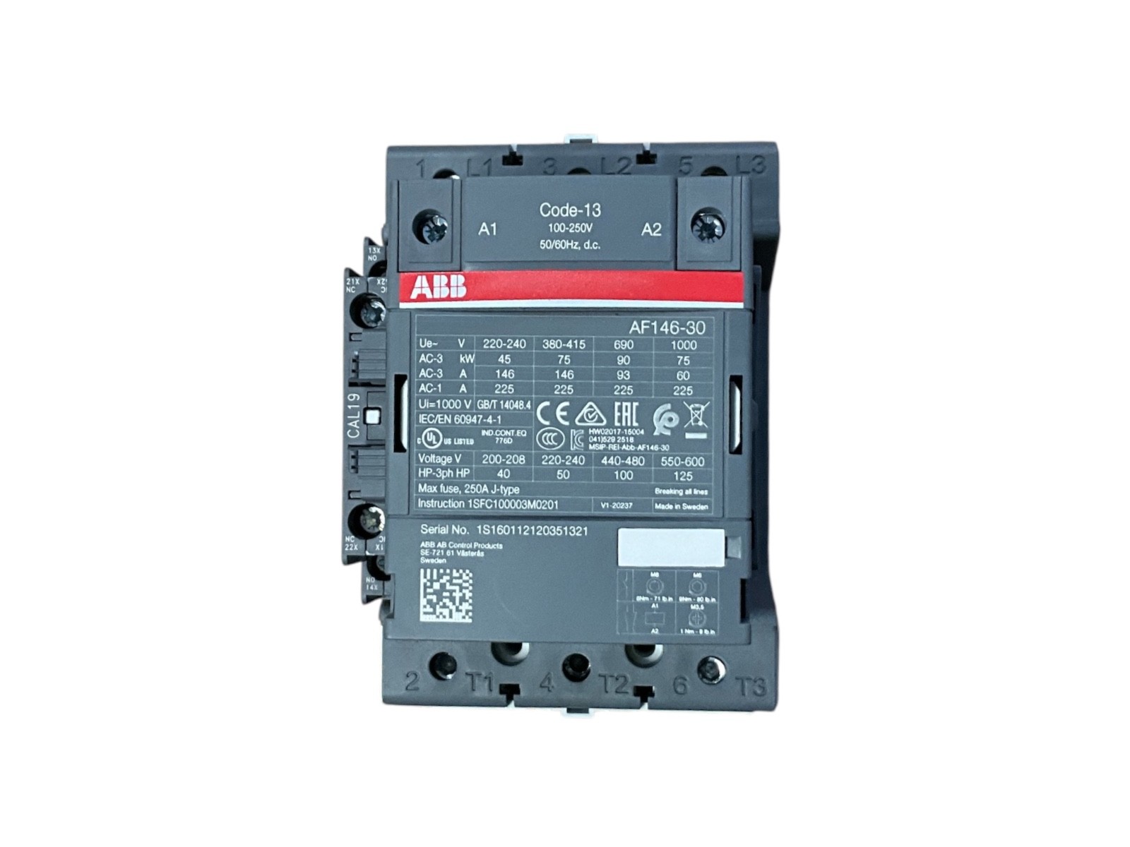 ABB AF146-30 146A 3-Pole Contactor 100-250V AC/DC Coil w/ CAL19 Auxiliary