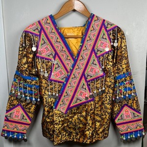 Traditional Hmong Jacket Gold Embroidered Coin Fringe Beadwork Statement Coat