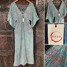 NWT RAGA Kassie Caftan Maxi Dress Womens S Turquoise Pink Paisley Boho Tassel