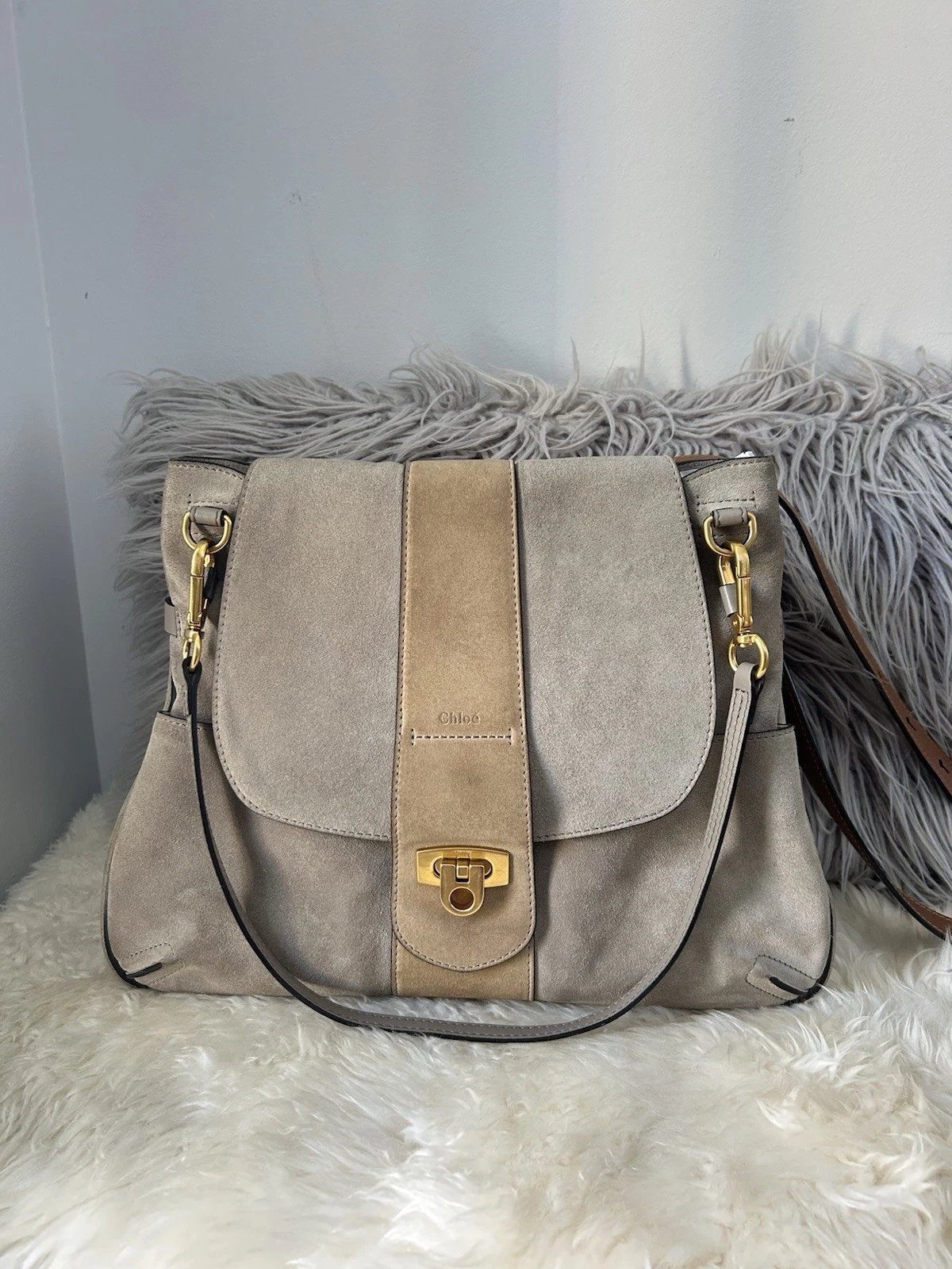 Chloe — Chloe Lexar Women 2way Tote Shoulder Bag Suede Leathe Gray Beige